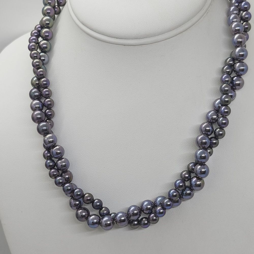 Vintage Iridescent‎ Silver Purple Bead Torsade Double Strand Necklace